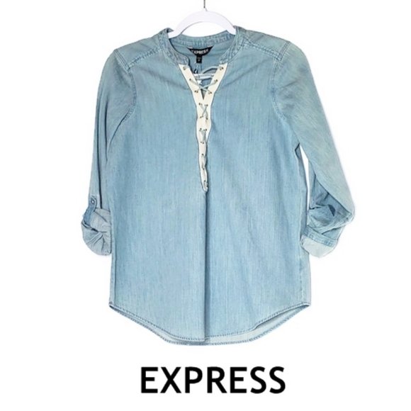 Express Denim 3/4 Roll Up Sleeve Lace-up Top. *NWT ~ Small * - Picture 2 of 5